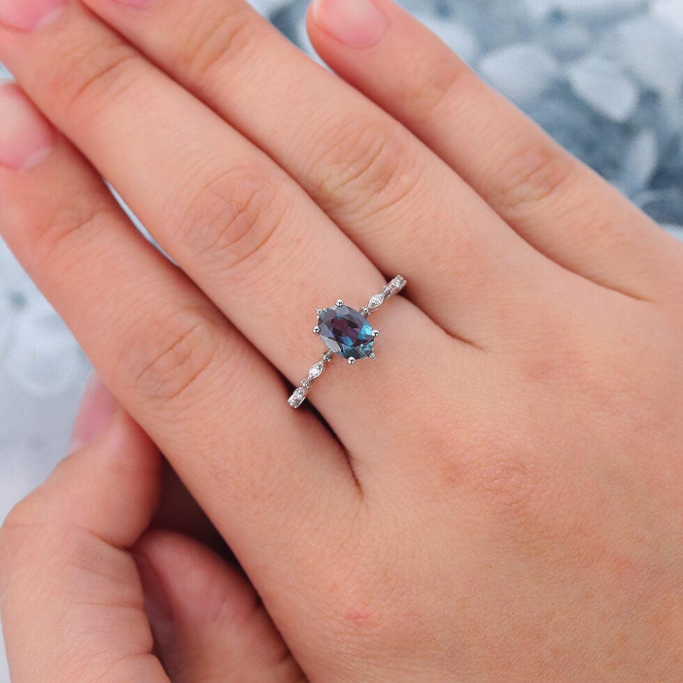 Oval Cut Lab Alexandrite Engagement Ring Vintage-Inspired Antique Design