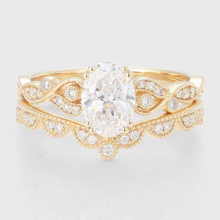 Oval Cut Lab Grown Diamond Engagement Ring Set Vintage Beaded Bridal Set