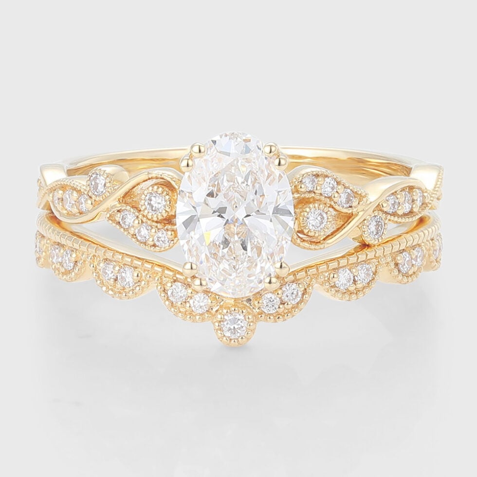 Oval Cut Lab Grown Diamond Engagement Ring Set Vintage Beaded Bridal Set