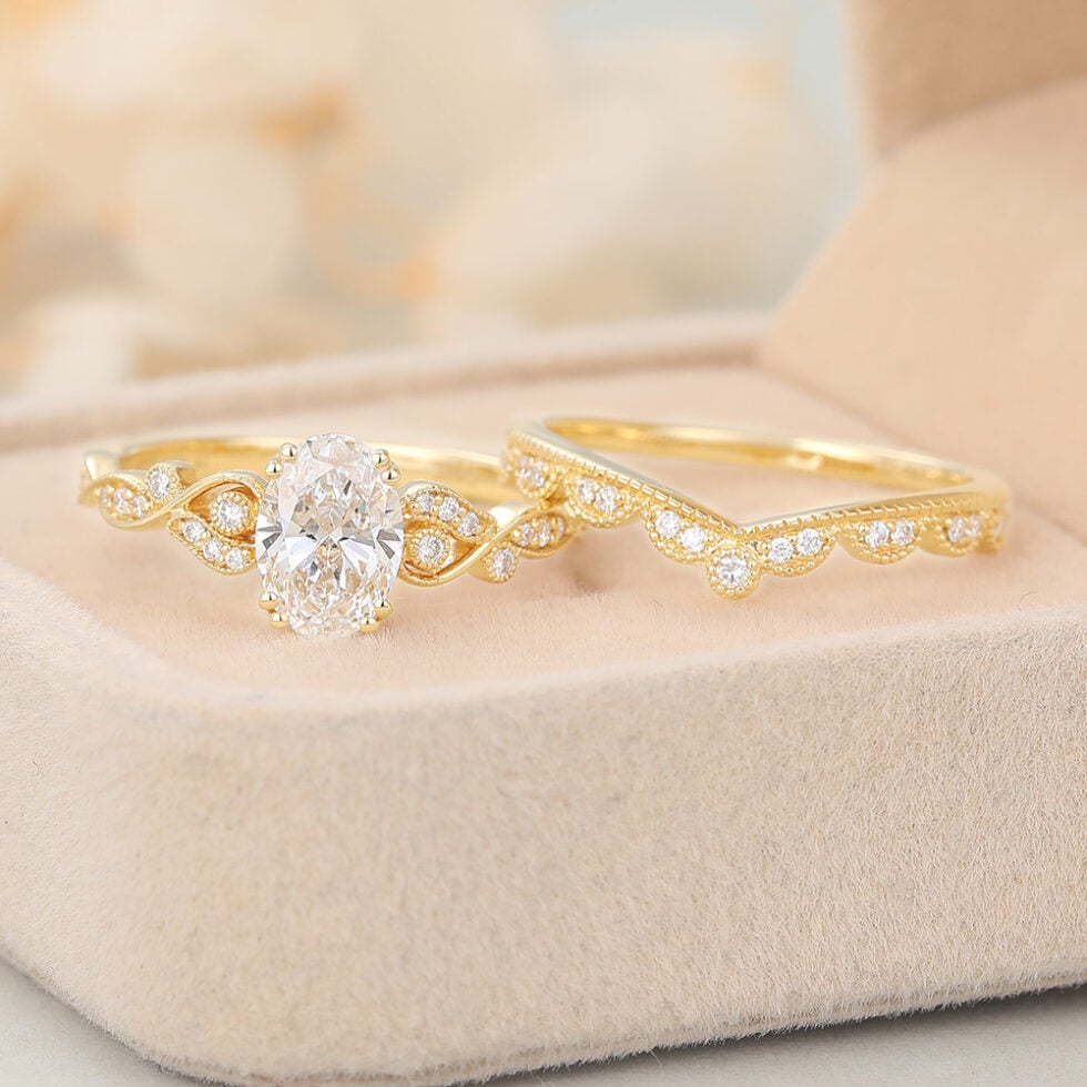 Oval Cut Lab Grown Diamond Engagement Ring Set Vintage Beaded Bridal Set