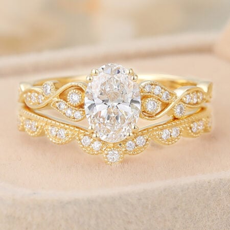 Stones for Ring Oval Cut Lab Grown Diamond Engagement Ring Set Vintage Beaded Bridal Set