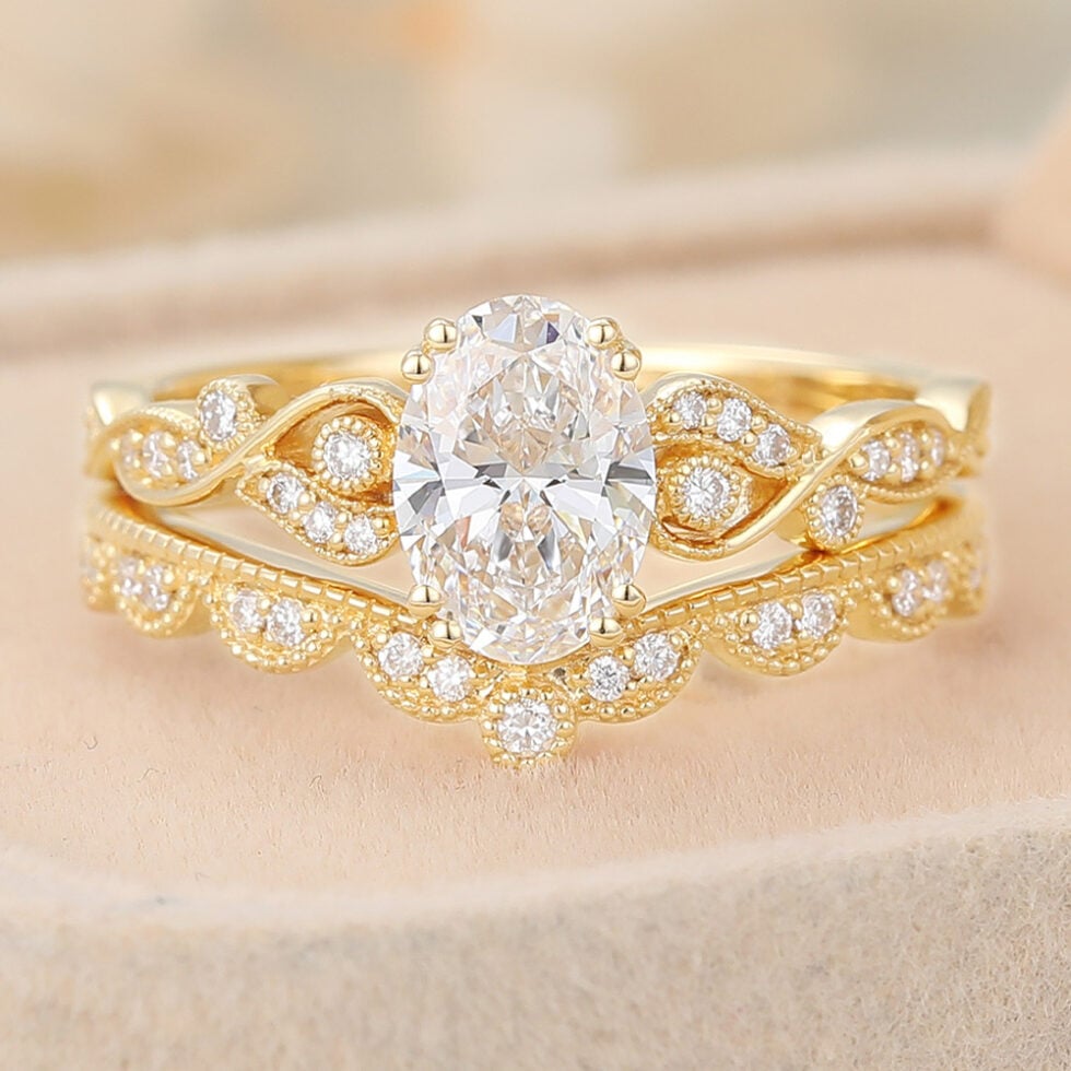 Oval Cut Lab Grown Diamond Engagement Ring Set Vintage Beaded Bridal Set