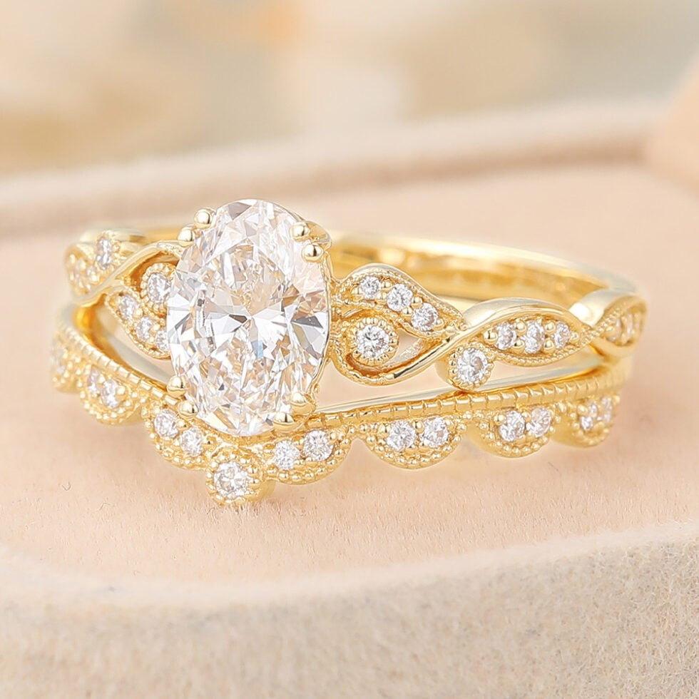 Oval Cut Lab Grown Diamond Engagement Ring Set Vintage Beaded Bridal Set
