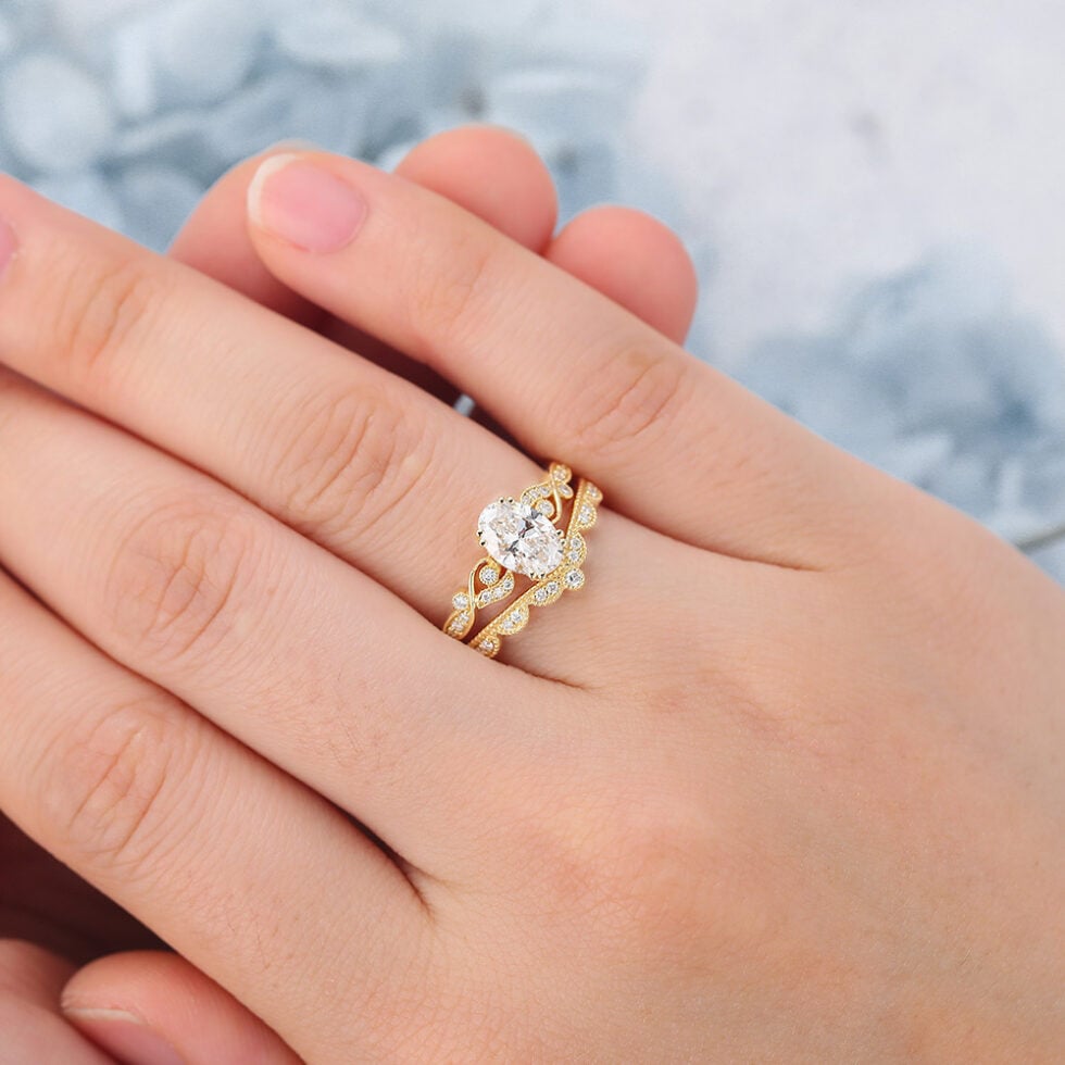 Oval Cut Lab Grown Diamond Engagement Ring Set Vintage Beaded Bridal Set