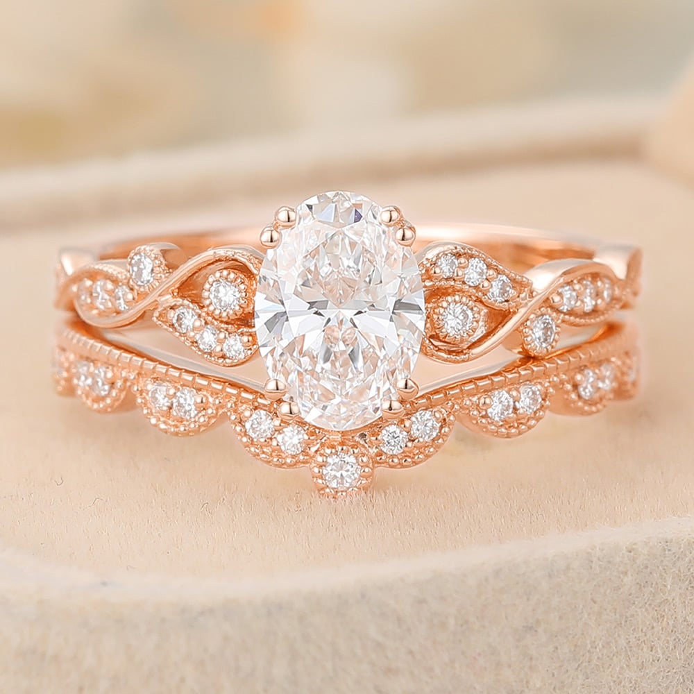 how much is a 4 carat diamond Oval Cut Lab Grown Diamond Engagement Ring Set Vintage Beaded Bridal Set