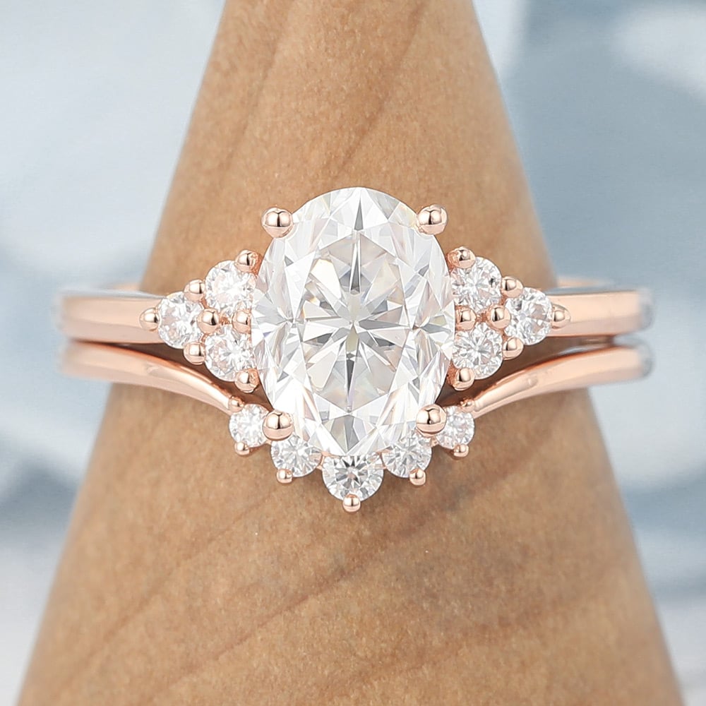 Oval Cut Moissanite Cluster Engagement Ring Set Vintage Bridal Set