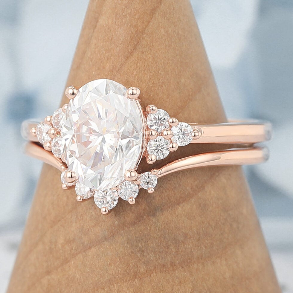 Oval Cut Moissanite Cluster Engagement Ring Set Vintage Bridal Set