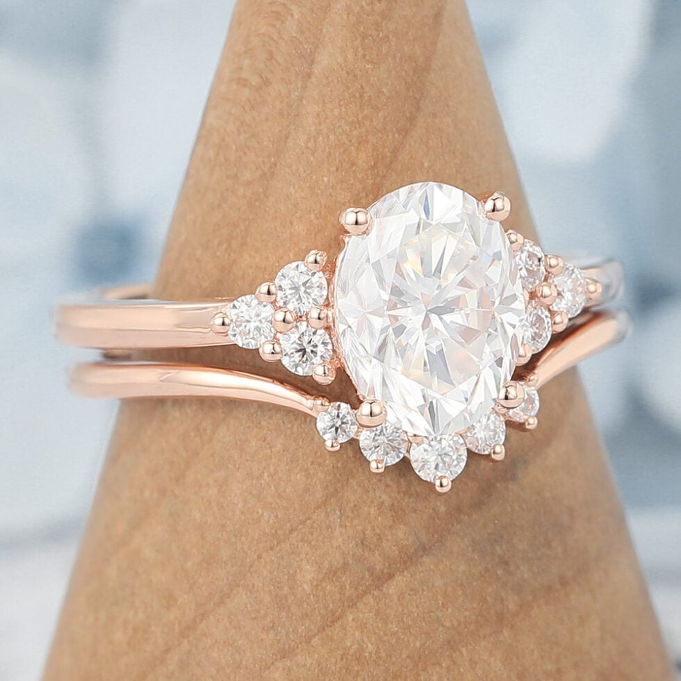 Oval Cut Moissanite Cluster Engagement Ring Set Vintage Bridal Set
