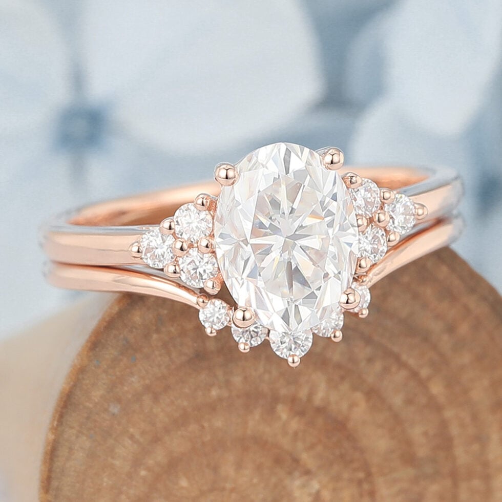 Oval Cut Moissanite Cluster Engagement Ring Set Vintage Bridal Set