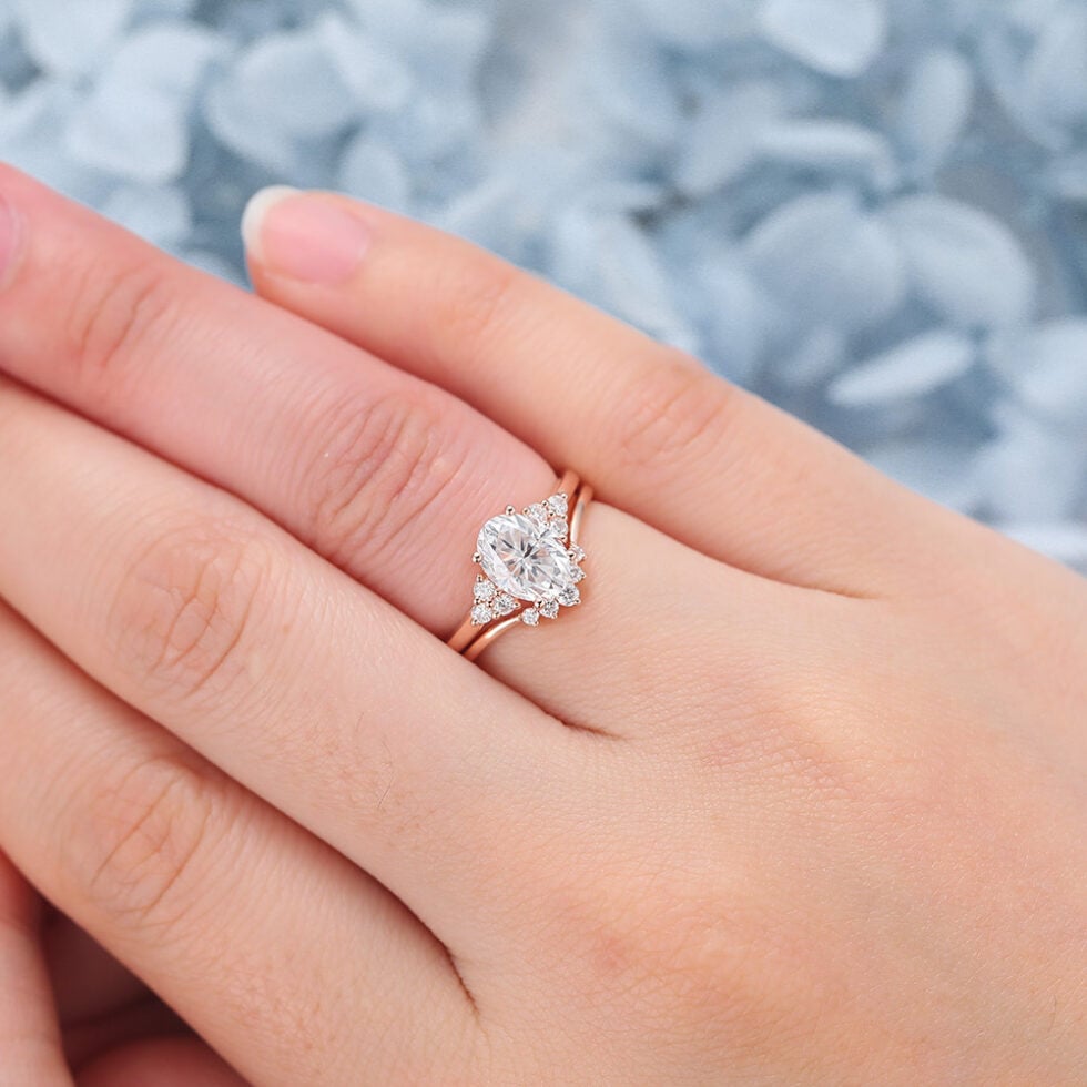 Oval Cut Moissanite Cluster Engagement Ring Set Vintage Bridal Set