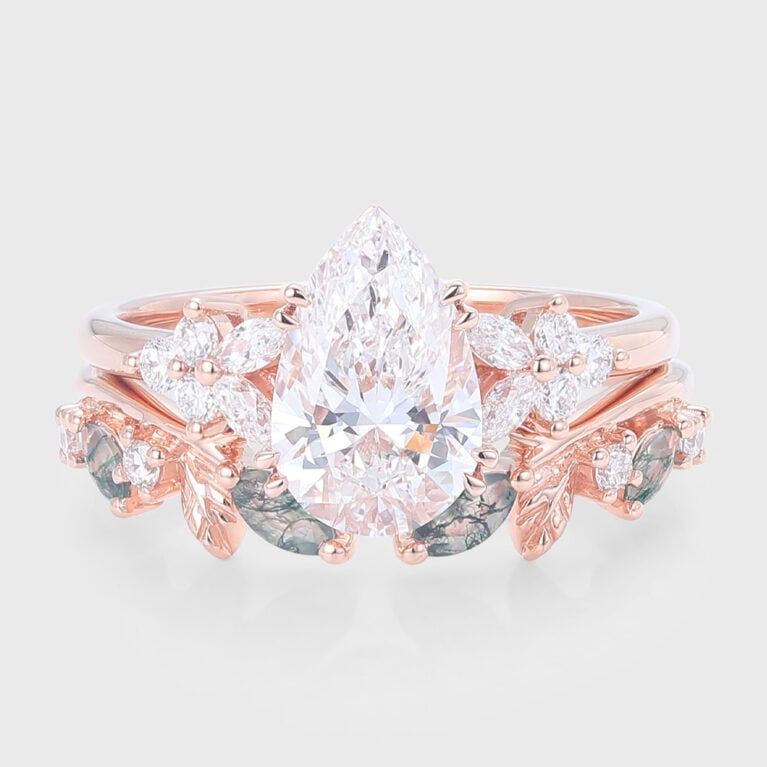 Pear Cut Lab Grown Diamond Floral-Inspired Bridal Ring Set with Moss Agate Accents