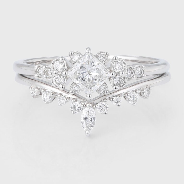 Princess Cut Lab Grown Diamond Cluster Engagement Ring Set Delicate Bridal Set