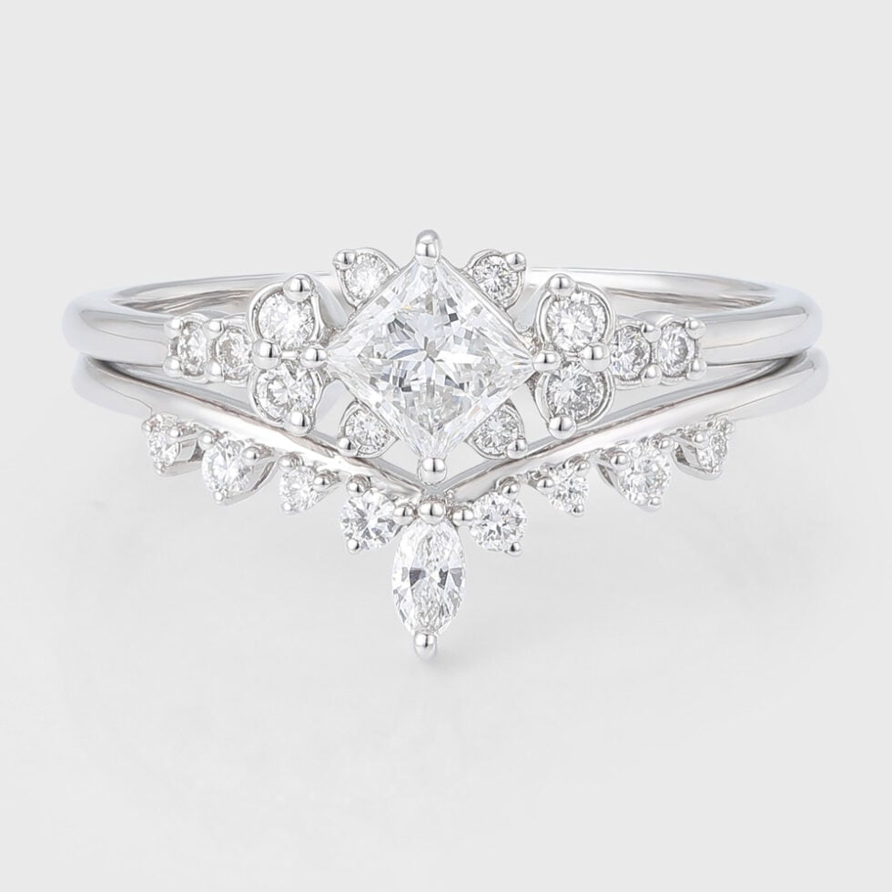Princess Cut Lab Grown Diamond Cluster Engagement Ring Set Delicate Bridal Set