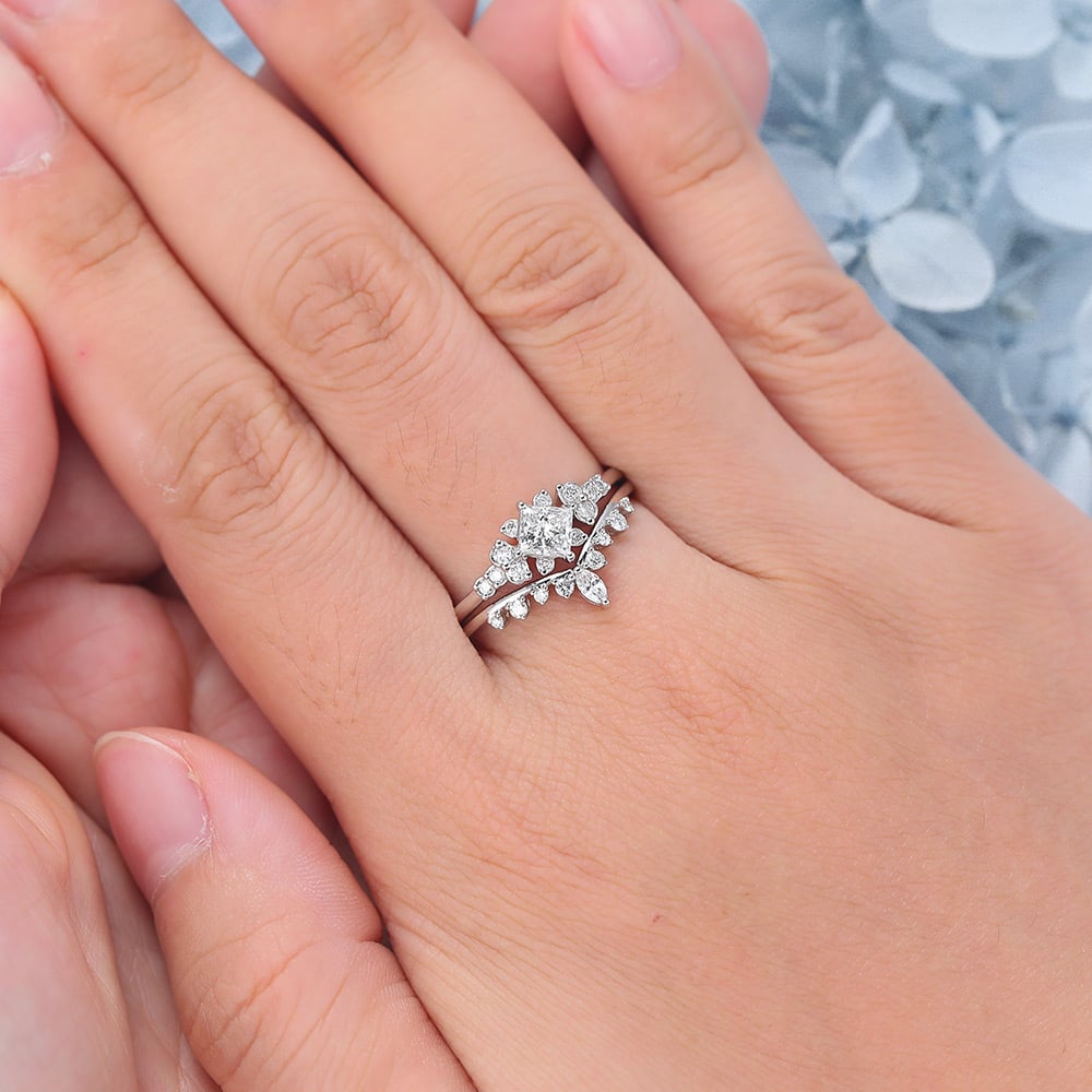 Princess Cut Lab Grown Diamond Cluster Engagement Ring Set Delicate Bridal Set