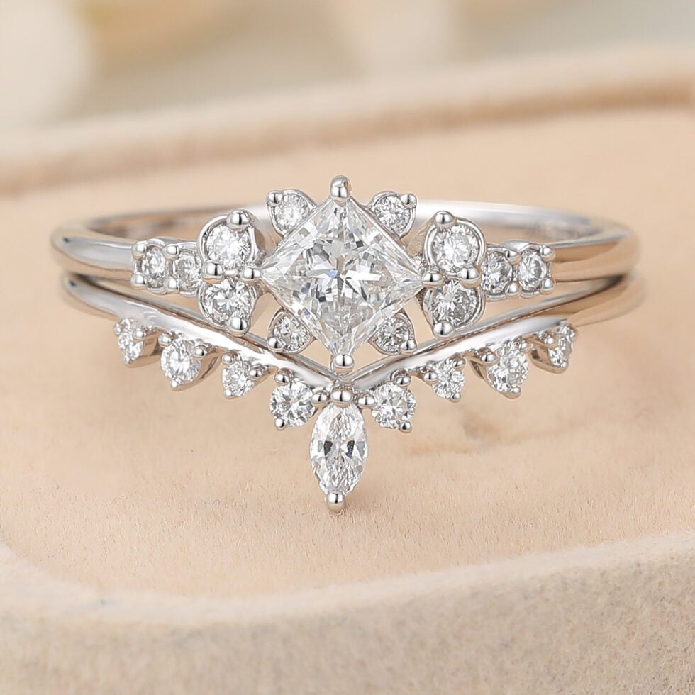 Princess Cut Lab Grown Diamond Cluster Engagement Ring Set Delicate Bridal Set