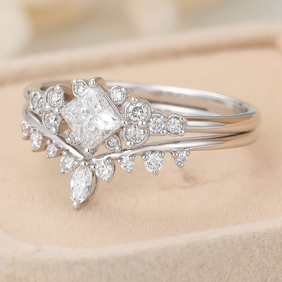 Princess Cut Lab Grown Diamond Cluster Engagement Ring Set Delicate Bridal Set