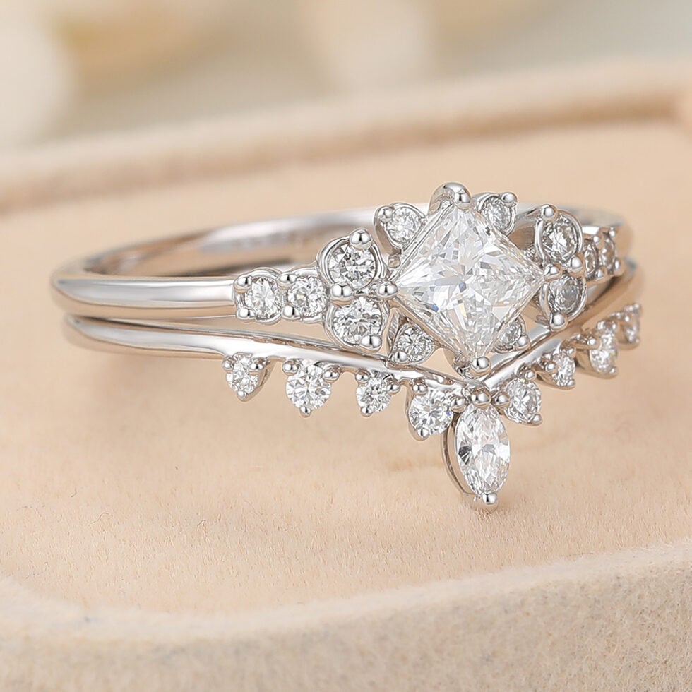 Princess Cut Lab Grown Diamond Cluster Engagement Ring Set Delicate Bridal Set