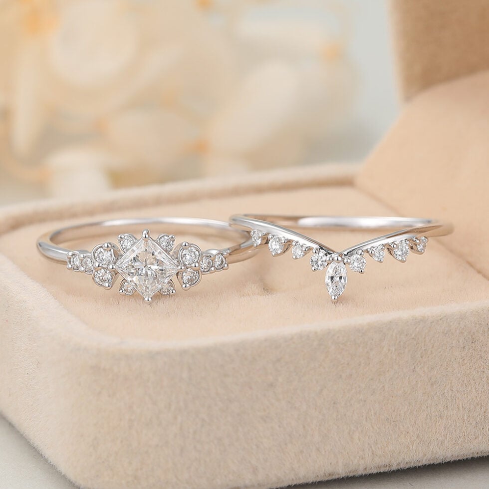 Princess Cut Lab Grown Diamond Cluster Engagement Ring Set Delicate Bridal Set