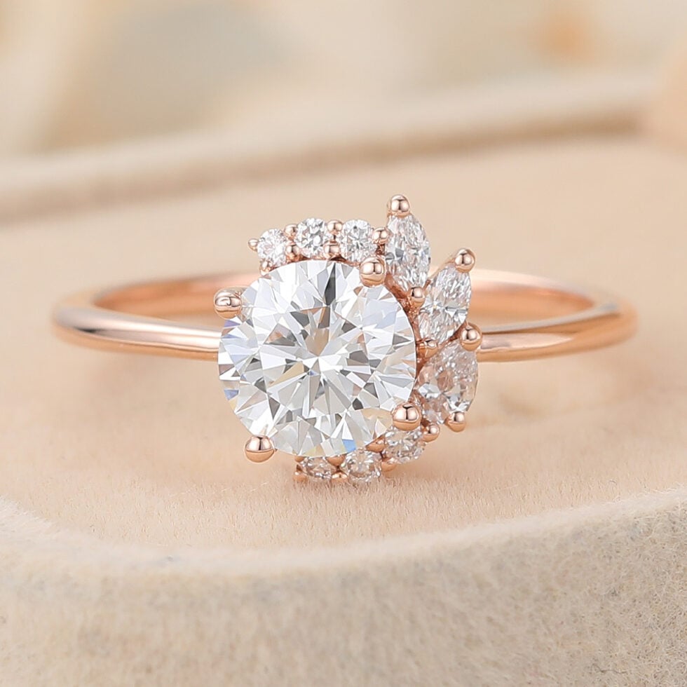 Round Cut Lab Grown Diamond Cluster Engagement Ring Half Halo Bridal Ring