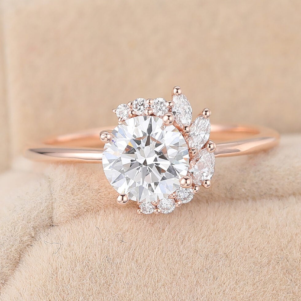 Round Cut Lab Grown Diamond Cluster Engagement Ring Half Halo Bridal Ring
