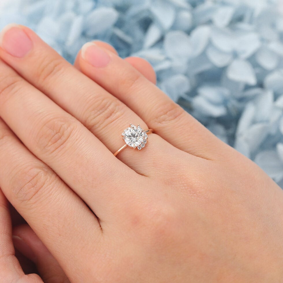 Round Cut Lab Grown Diamond Cluster Engagement Ring Half Halo Bridal Ring