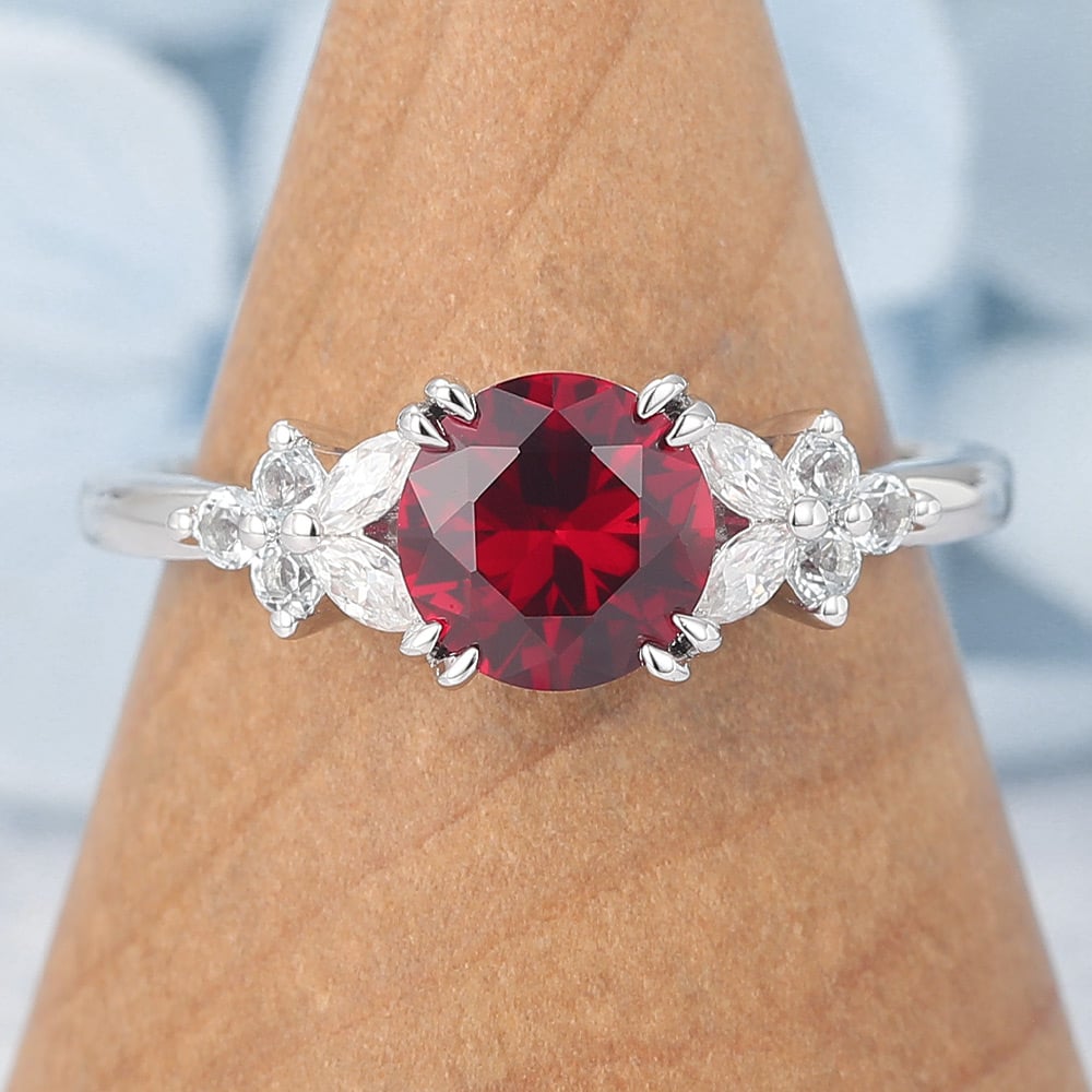 Round Cut Lab Ruby Engagement Ring with Floral-Inspired Cluster