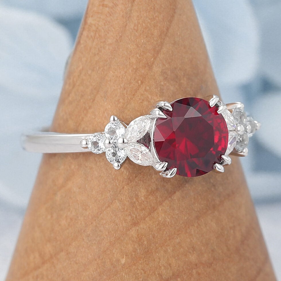 Round Cut Lab Ruby Engagement Ring with Floral-Inspired Cluster