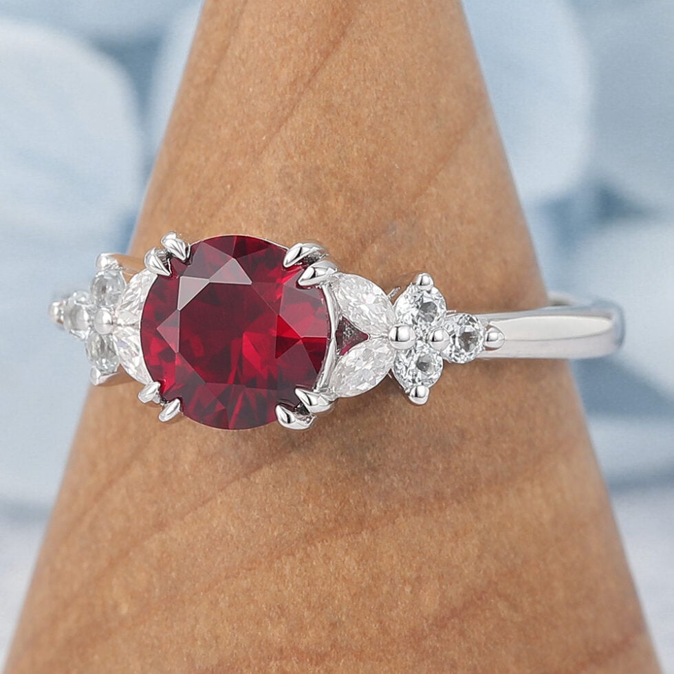 Round Cut Lab Ruby Engagement Ring with Floral-Inspired Cluster