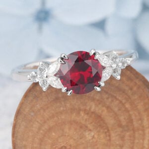 July Birthstone stones for ring Round Cut Lab Ruby Engagement Ring with Floral-Inspired Cluster