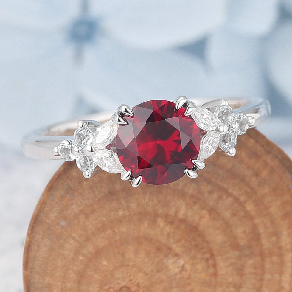 Round Cut Lab Ruby Engagement Ring with Floral-Inspired Cluster