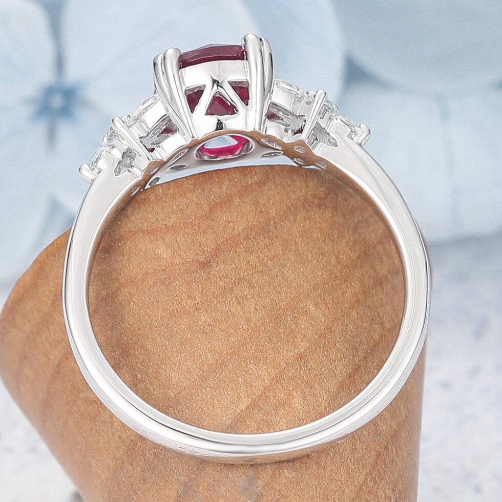 Round Cut Lab Ruby Engagement Ring with Floral-Inspired Cluster