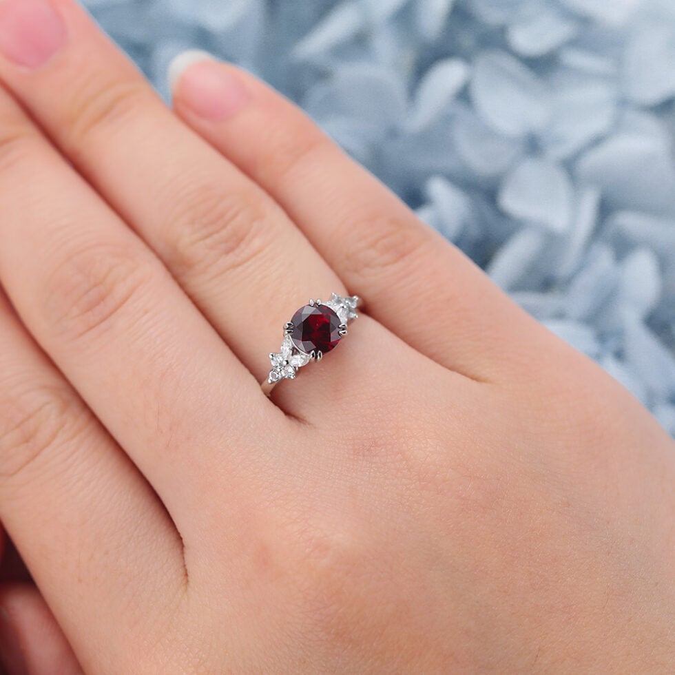 Round Cut Lab Ruby Engagement Ring with Floral-Inspired Cluster