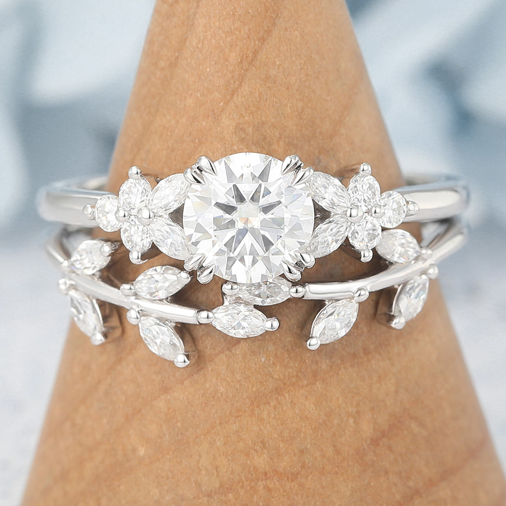 Round Cut Moissanite Engagement Ring Set Nature-Inspired Bridal Design