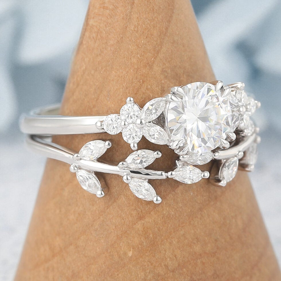 Round Cut Moissanite Engagement Ring Set Nature-Inspired Bridal Design
