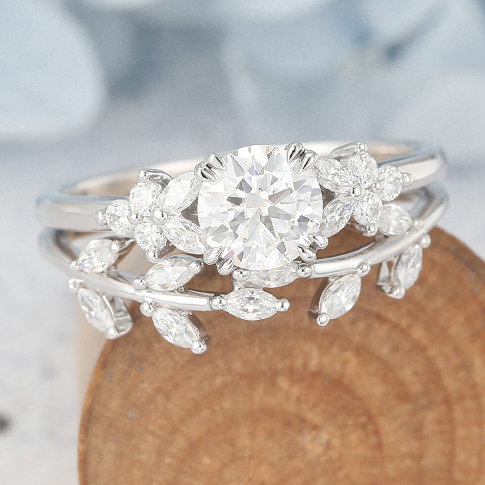Round Cut Moissanite Engagement Ring Set Nature-Inspired Bridal Design