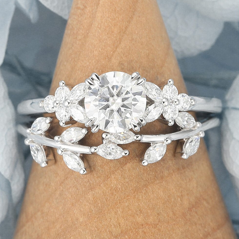 Round Cut Moissanite Engagement Ring Set Nature-Inspired Bridal Design