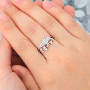 Round Cut Moissanite Engagement Ring Set Nature-Inspired Bridal Design