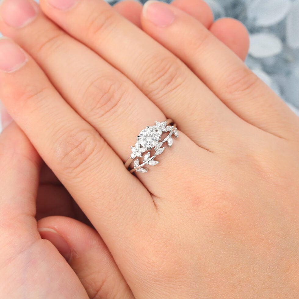 Round Cut Moissanite Engagement Ring Set Nature-Inspired Bridal Design