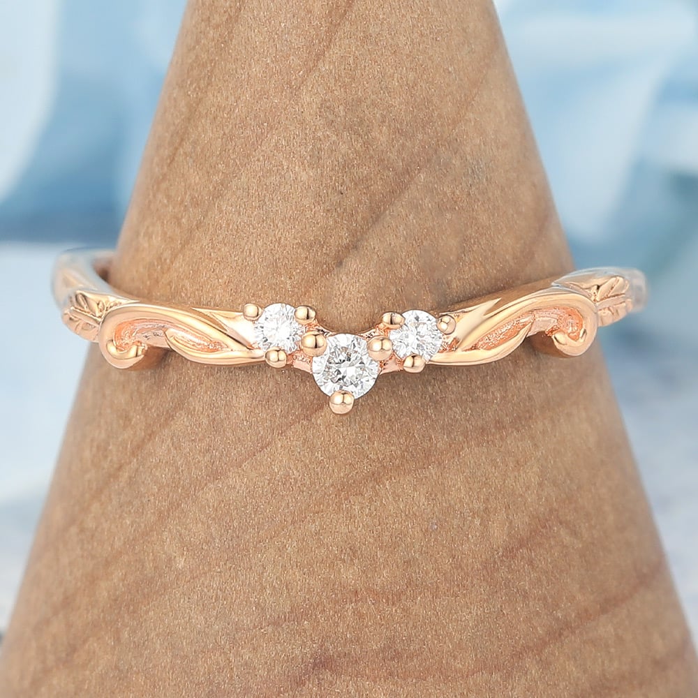 Round Moissanite Curved Wedding Band Nature-Inspired Stackable Design