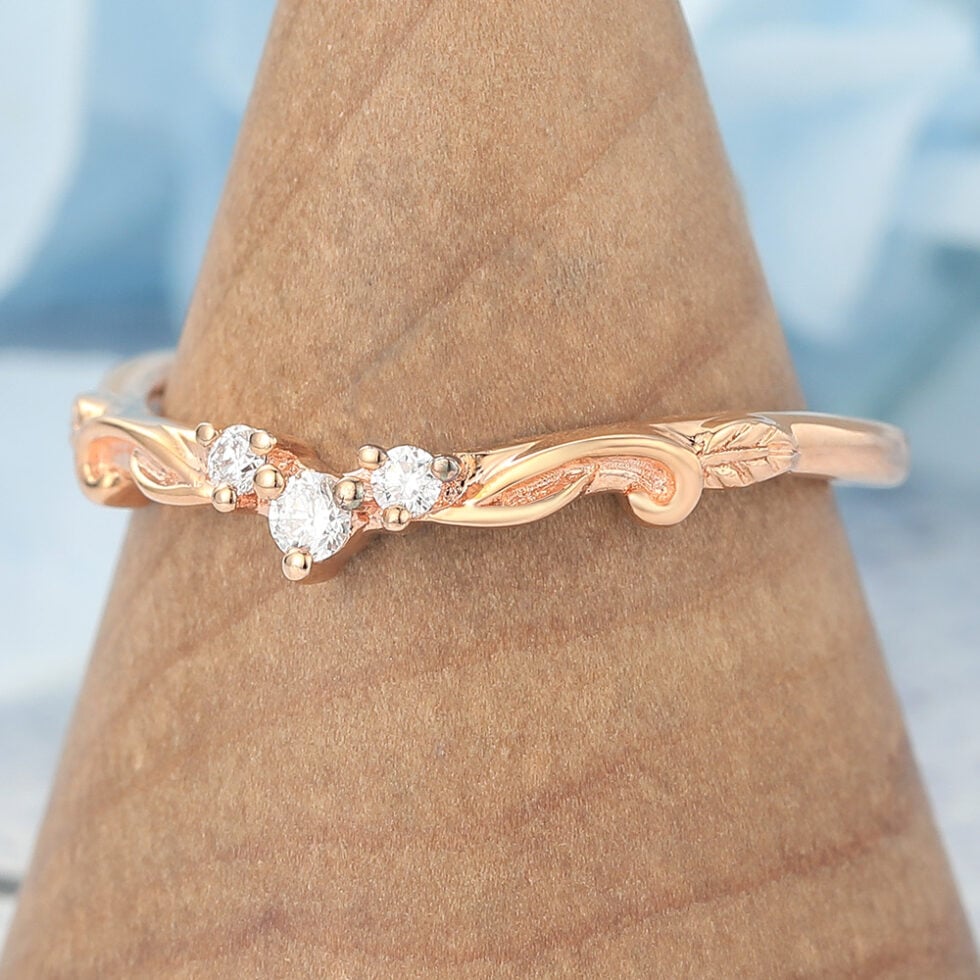 Round Moissanite Curved Wedding Band Nature-Inspired Stackable Design