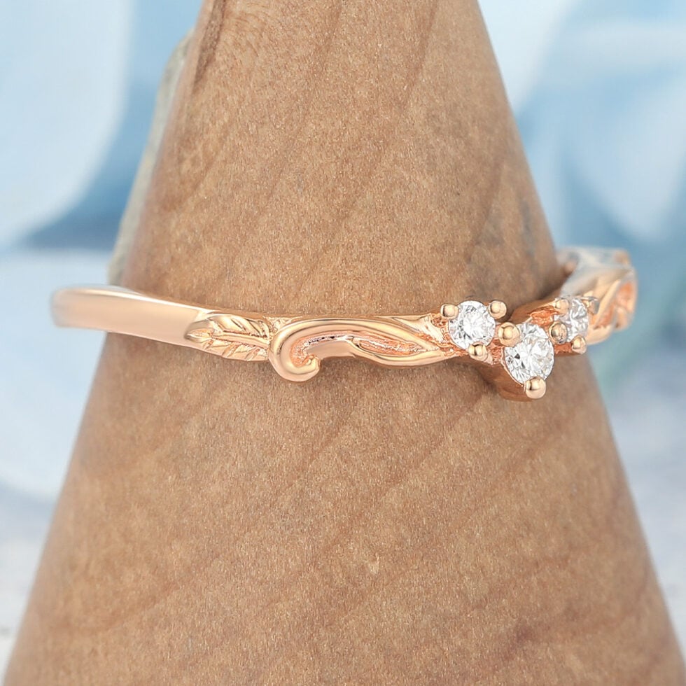 Round Moissanite Curved Wedding Band Nature-Inspired Stackable Design