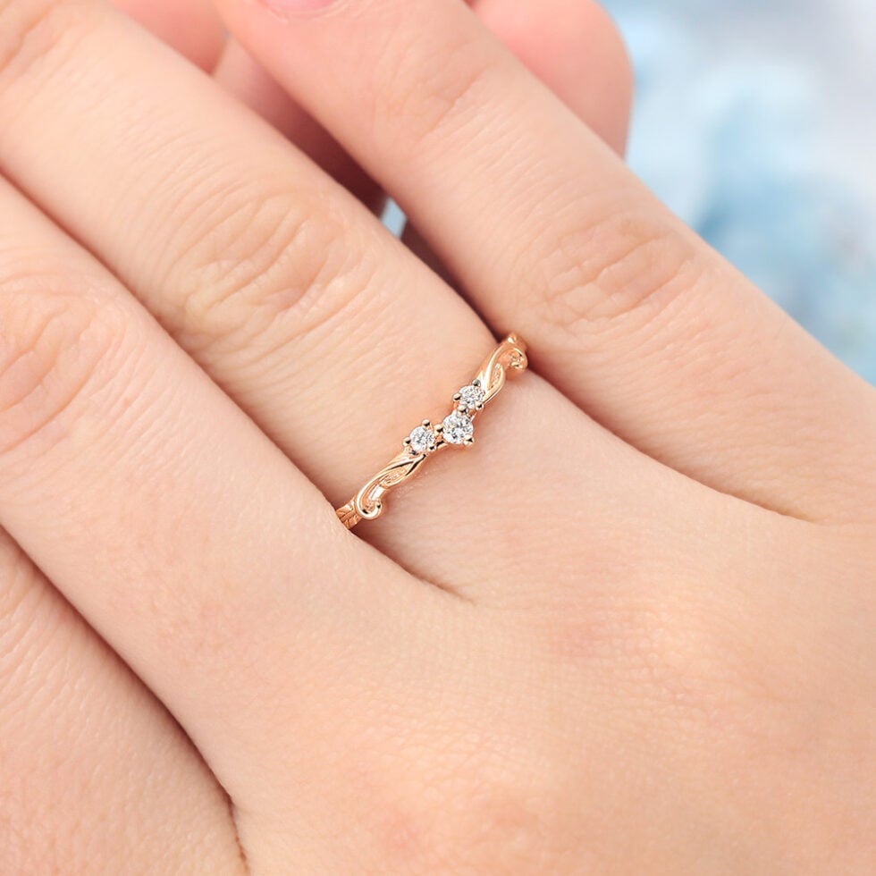 Round Moissanite Curved Wedding Band Nature-Inspired Stackable Design