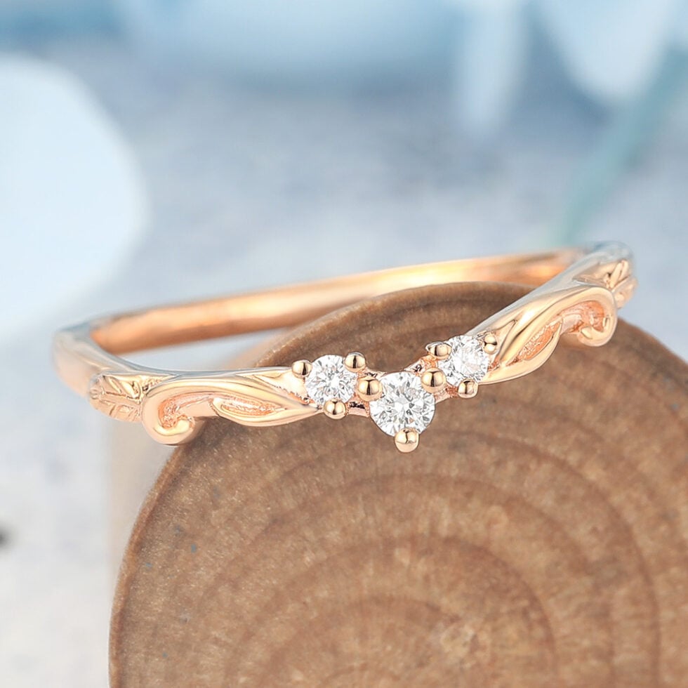 Round Moissanite Curved Wedding Band Nature-Inspired Stackable Design