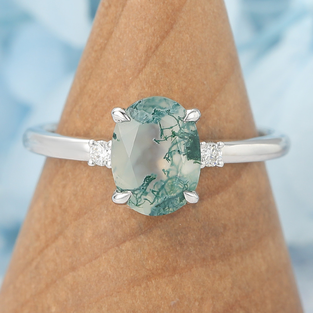 825 silver Claw Prongs Oval Cut Moss Agate Engagement Ring White Gold