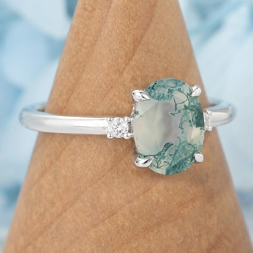 Claw Prongs Oval Cut Moss Agate Engagement Ring White Gold