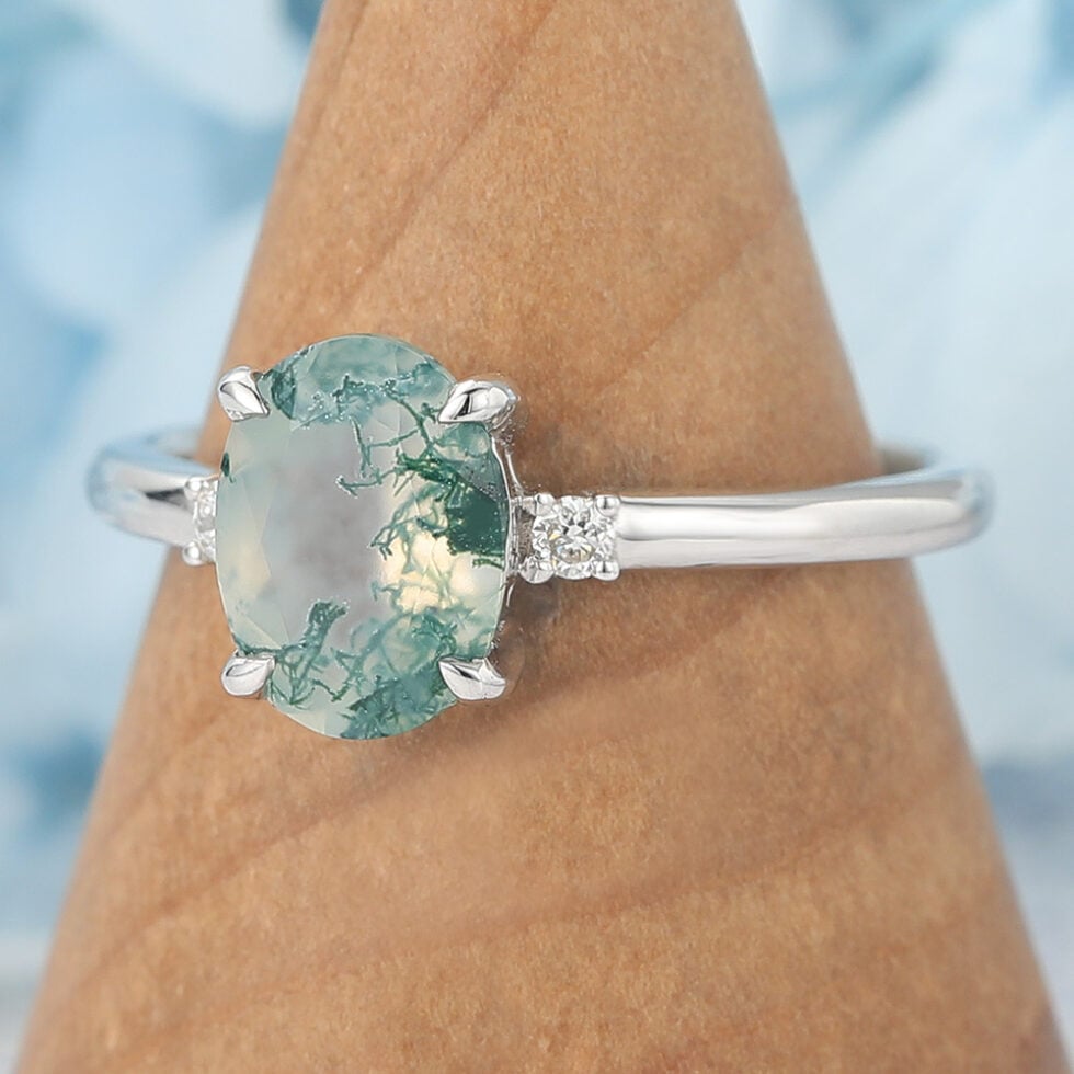 Claw Prongs Oval Cut Moss Agate Engagement Ring White Gold
