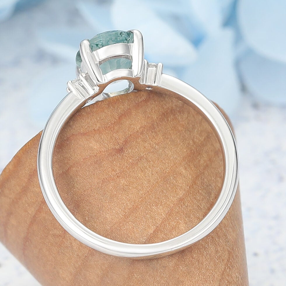 Claw Prongs Oval Cut Moss Agate Engagement Ring White Gold