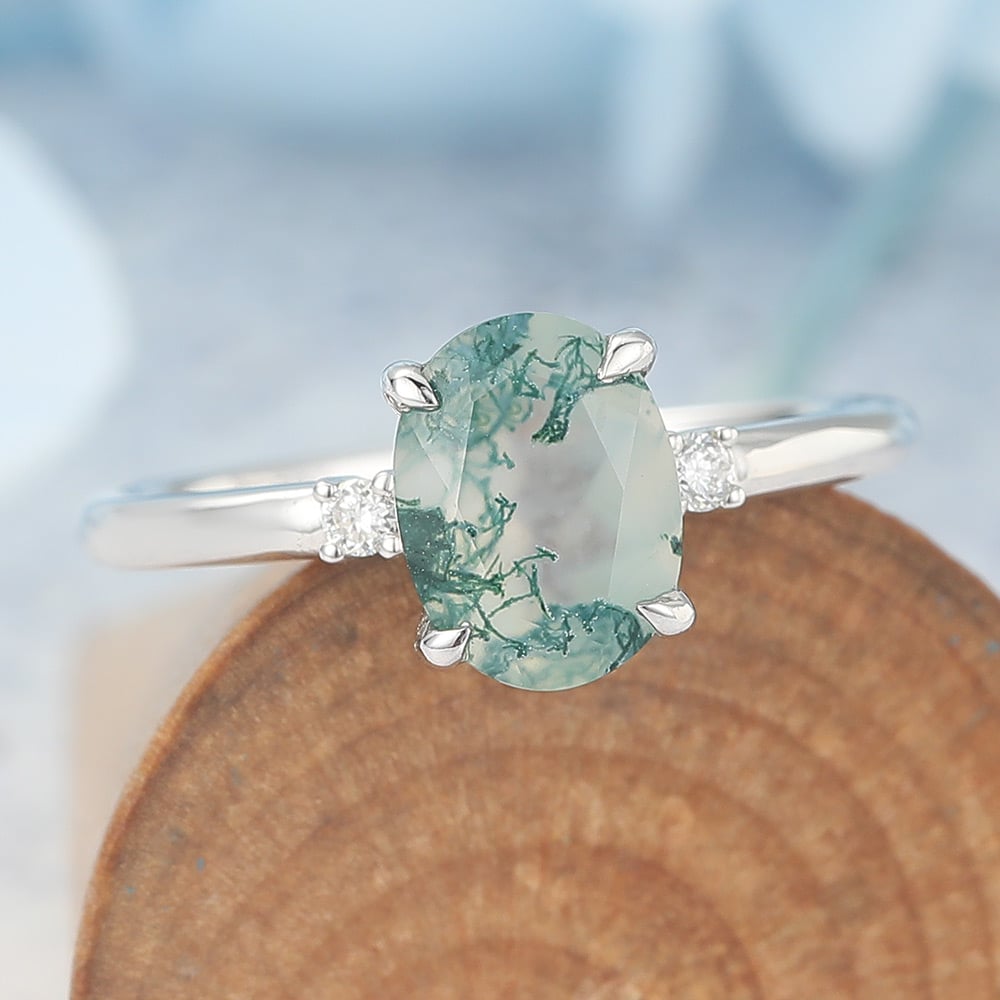 Moss Agate Hardness Claw Prongs Oval Cut Moss Agate Engagement Ring White Gold