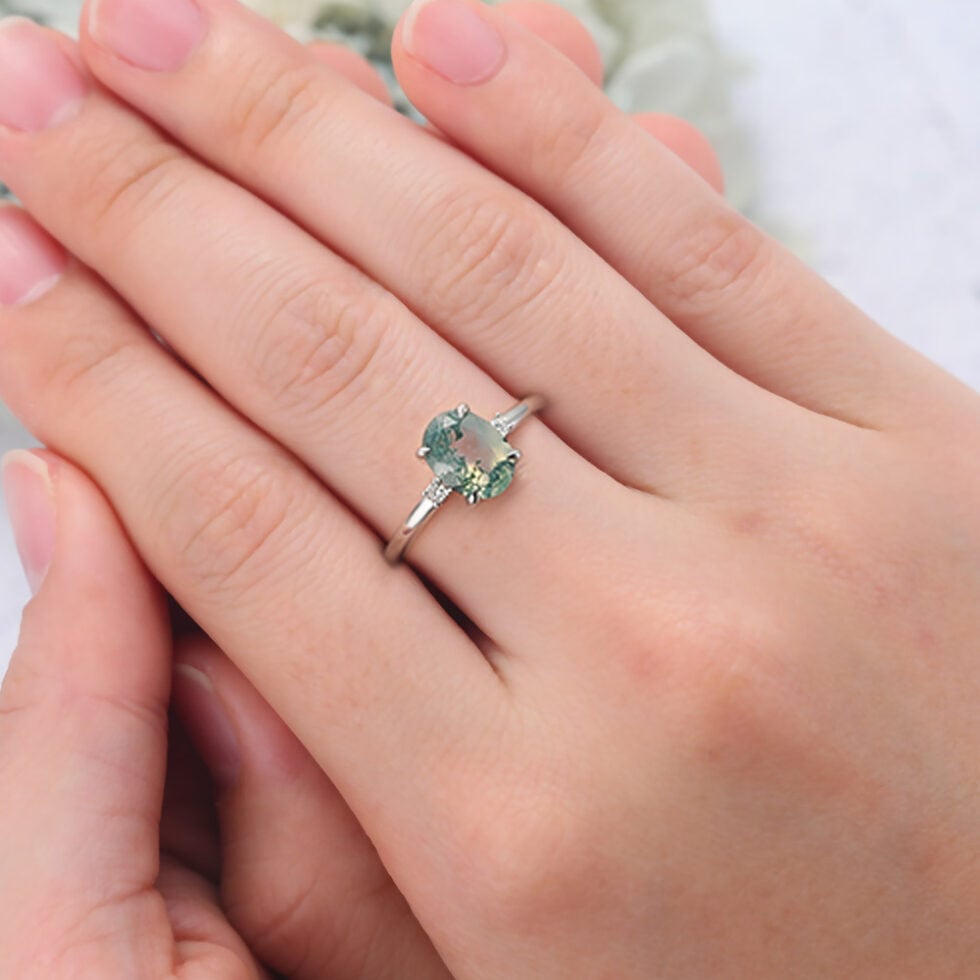Claw Prongs Oval Cut Moss Agate Engagement Ring White Gold