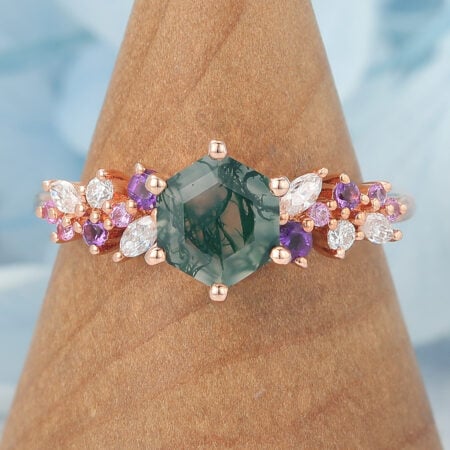 Hexagon Cut Moss Agate Engagement Ring Multi-Stone Cluster Design